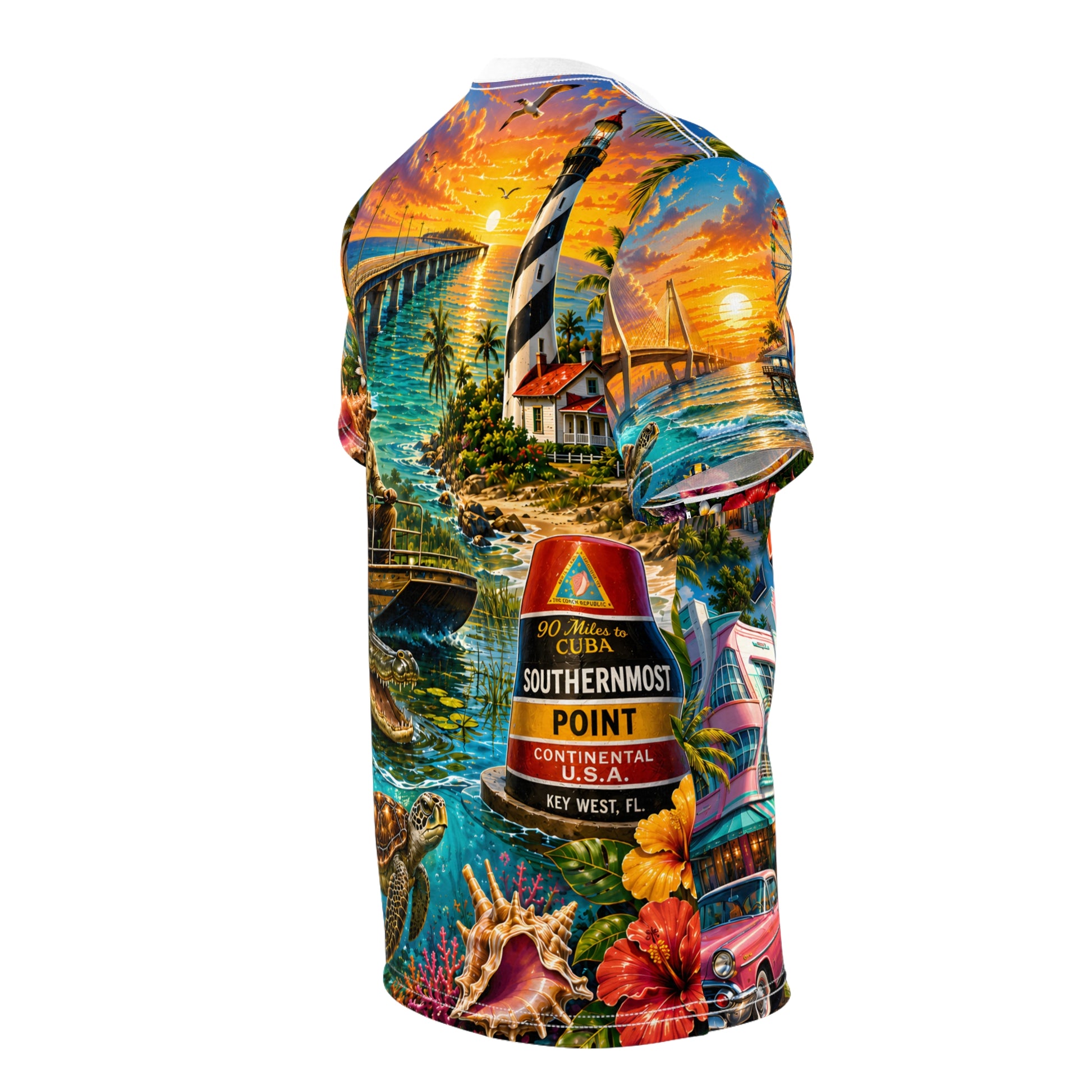 Florida vintage postcard-themed all-over print T-shirt by Printify featuring colorful vacation-inspired design.