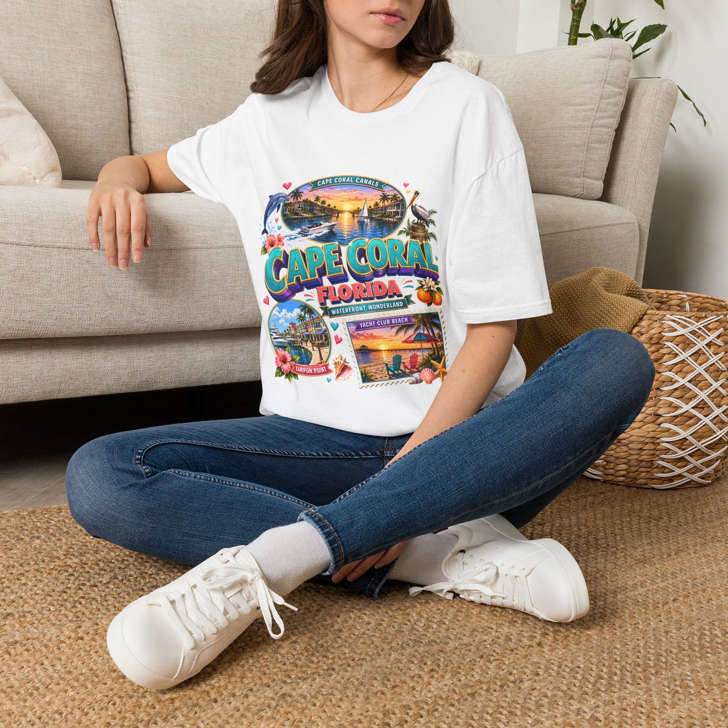 Unisex Cape Coral Waterfront Wonder T-shirt featuring a Florida beach and nautical design, perfect for beach vacation style.