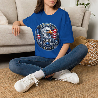 250th anniversary eagle design on a blue t-shirt, worn by a woman sitting on the floor