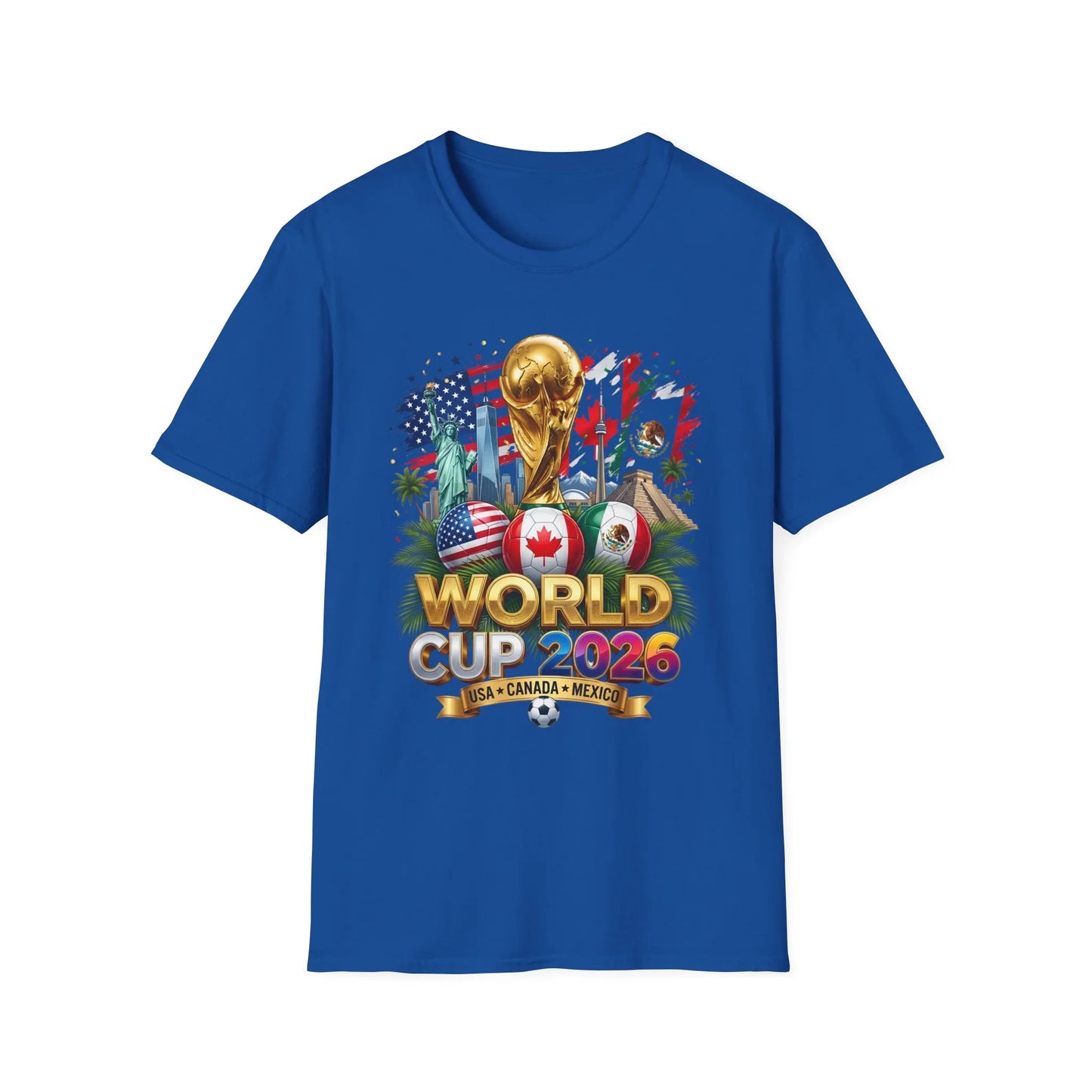 World Cup 2026 trophy with three-nation flags on a royal-blue t-shirt, flat product shot
