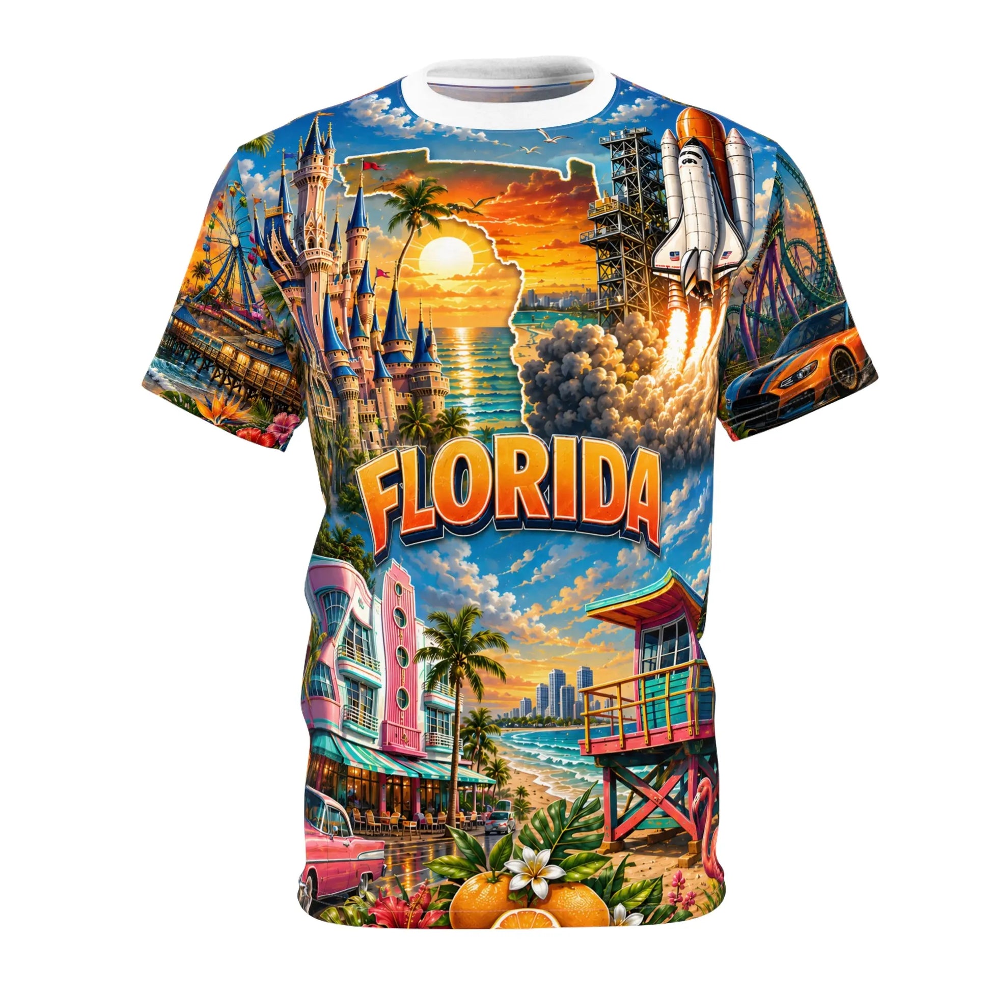 Florida vintage postcard print T-shirt from Printify featuring colorful all-over vacation-themed design on a casual tee.