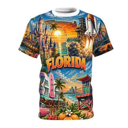 Florida vintage postcard print T-shirt from Printify featuring colorful all-over vacation-themed design on a casual tee.