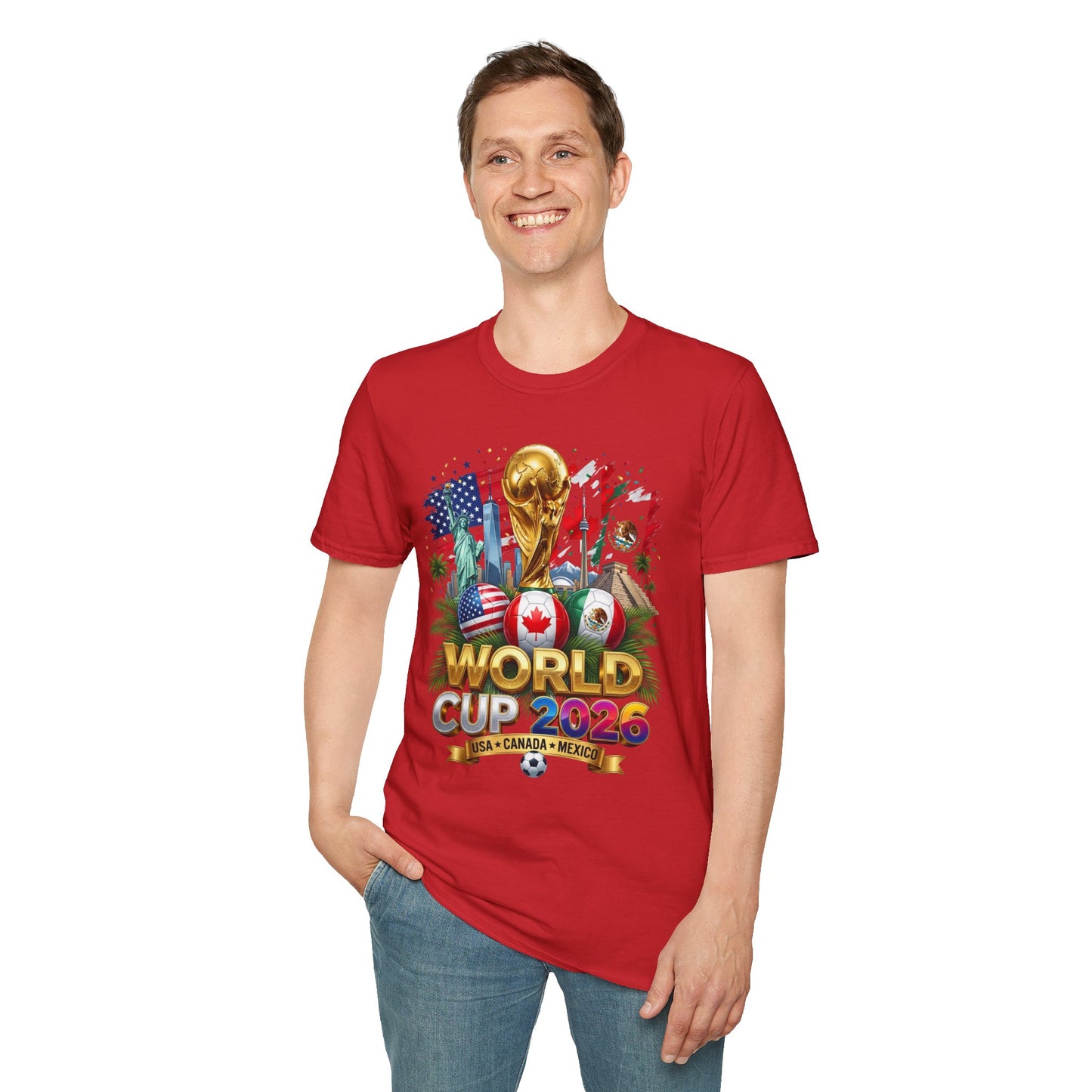 T-Shirt — World Cup 2026 Trophy Design with USA, Canada & Mexico Flags