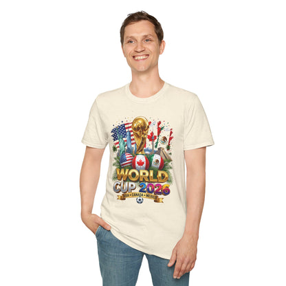 T-Shirt — World Cup 2026 Trophy Design with USA, Canada & Mexico Flags
