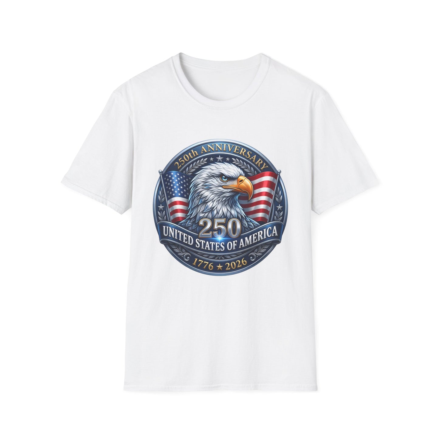 250th anniversary USA eagle design on a white t-shirt, plain front product shot