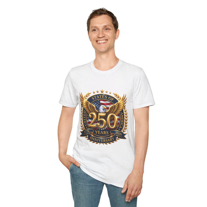 250th Anniversary USA gold eagle crest design on a white t-shirt, worn by a man standing