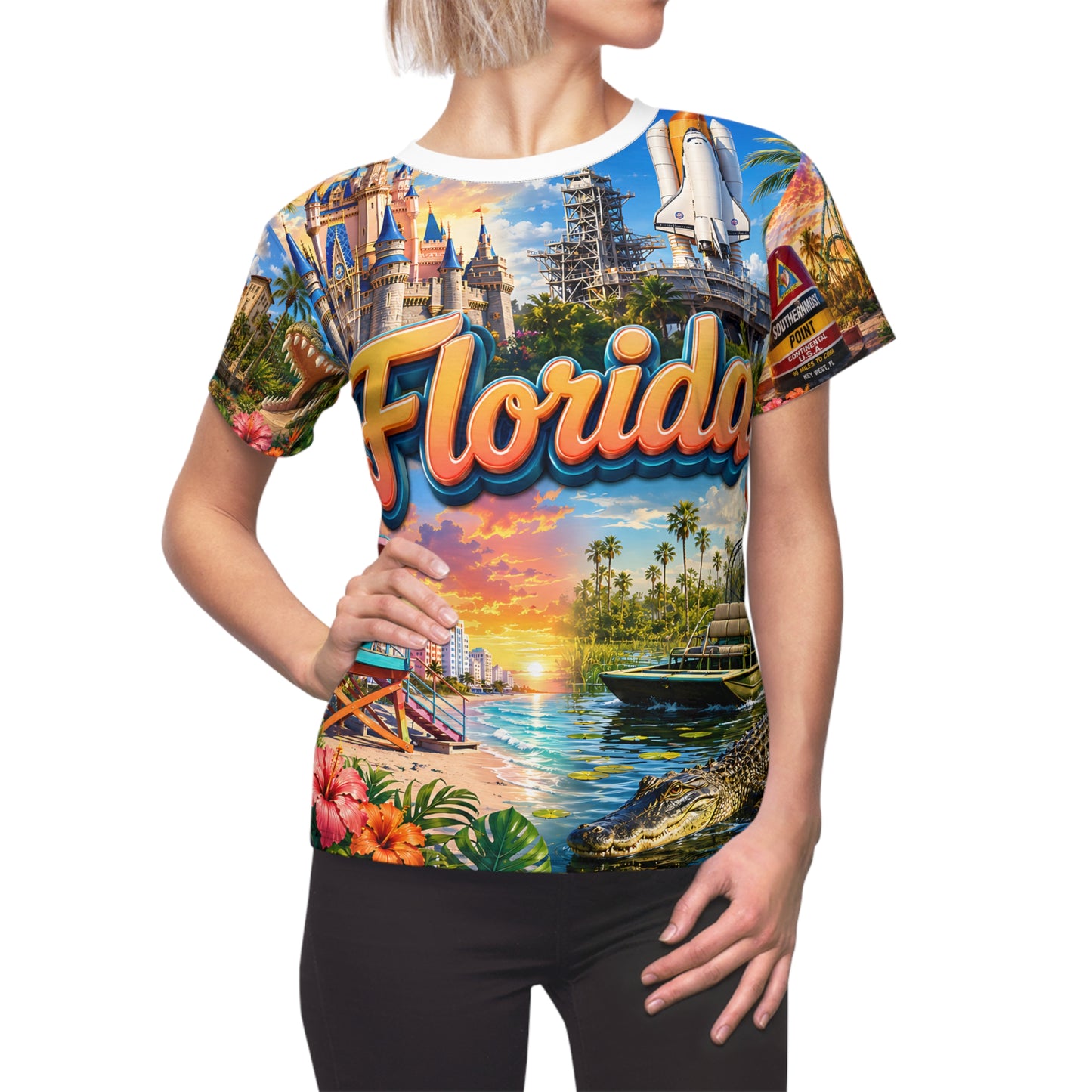 Florida sunset beach all-over-print tee with script logo, worn by a woman, front three-quarter view