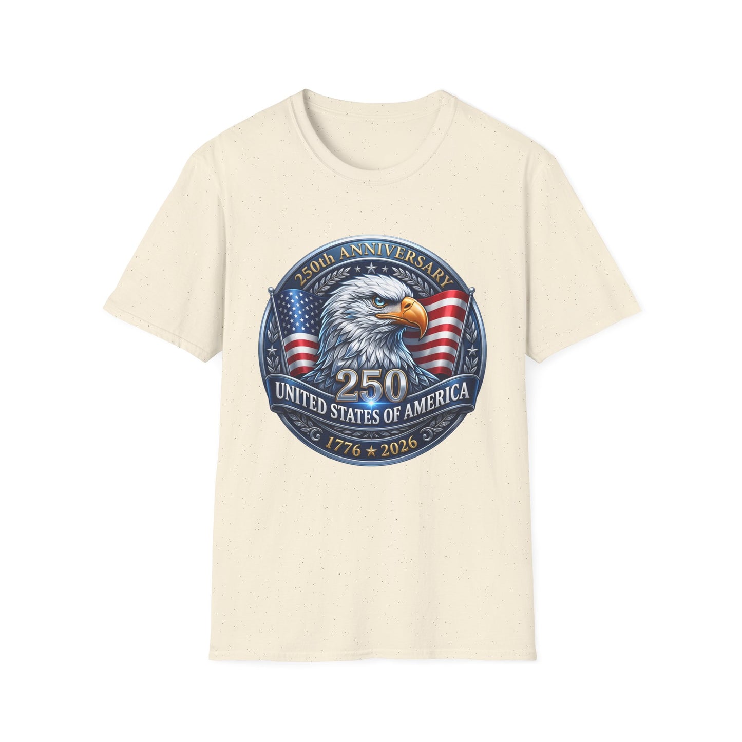 250th anniversary USA eagle design on a cream natural t-shirt, plain front product shot