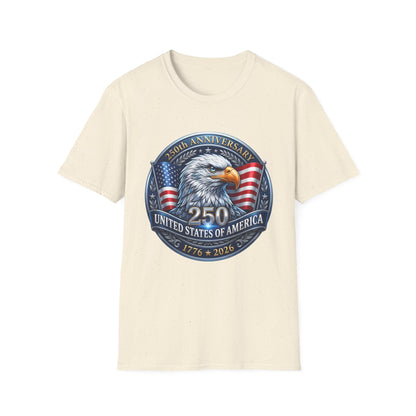 250th anniversary USA eagle design on a cream natural t-shirt, plain front product shot