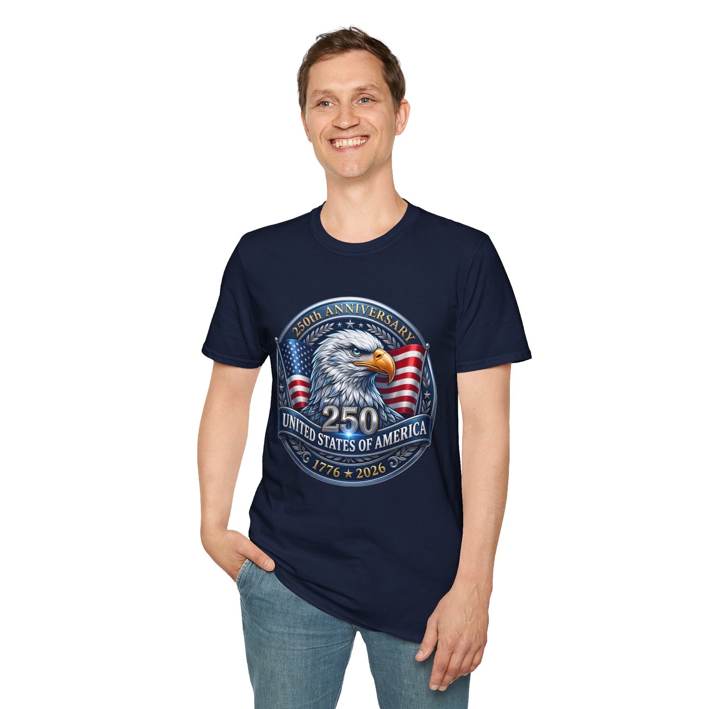 USA Eagle 250th Anniversary T-Shirt featuring patriotic eagle and bicentennial design, commemorating 1776–2026.