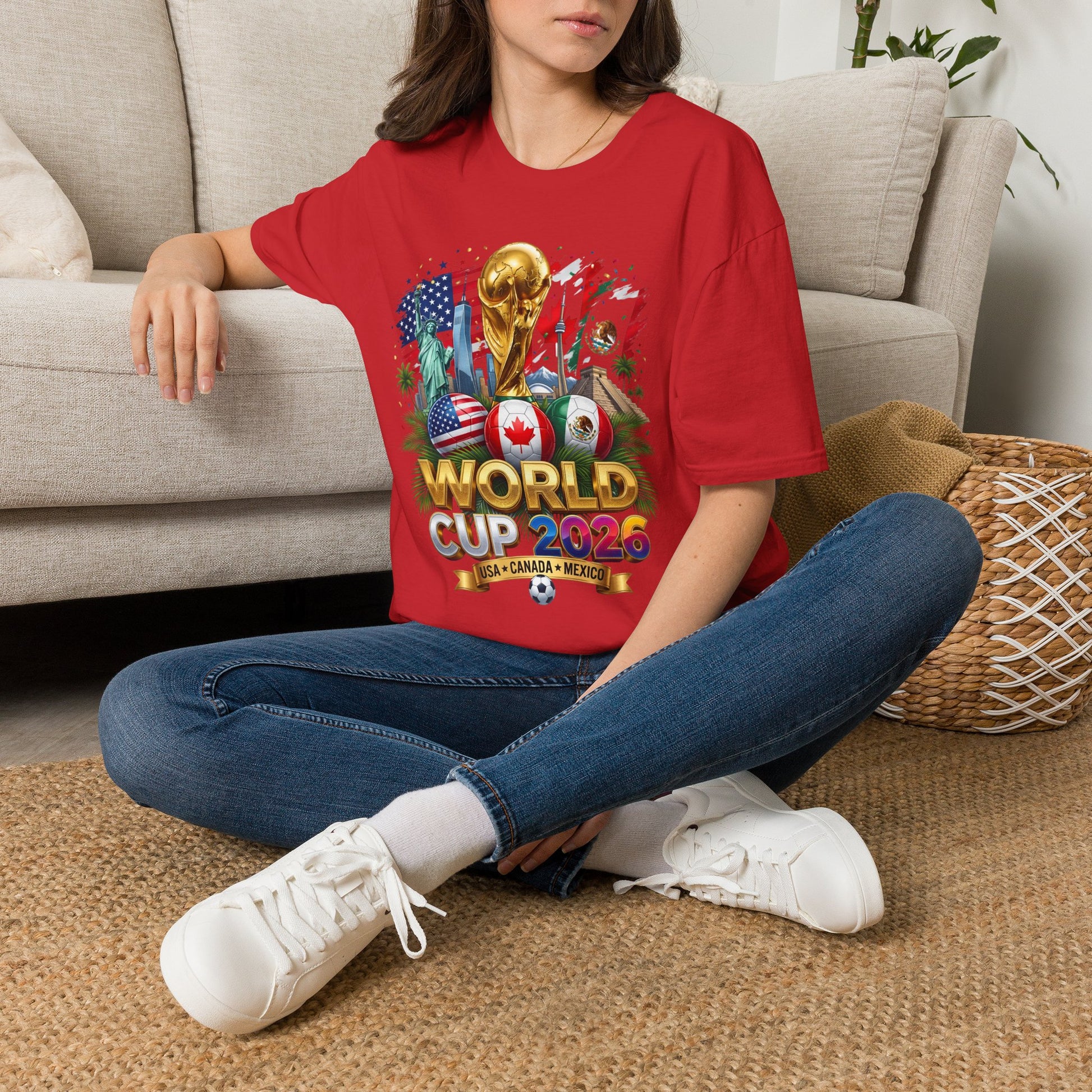 Printify T-shirt featuring the World Cup 2026 trophy design with USA, Canada, and Mexico flags on the front.