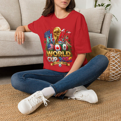 Printify T-shirt featuring the World Cup 2026 trophy design with USA, Canada, and Mexico flags on the front.