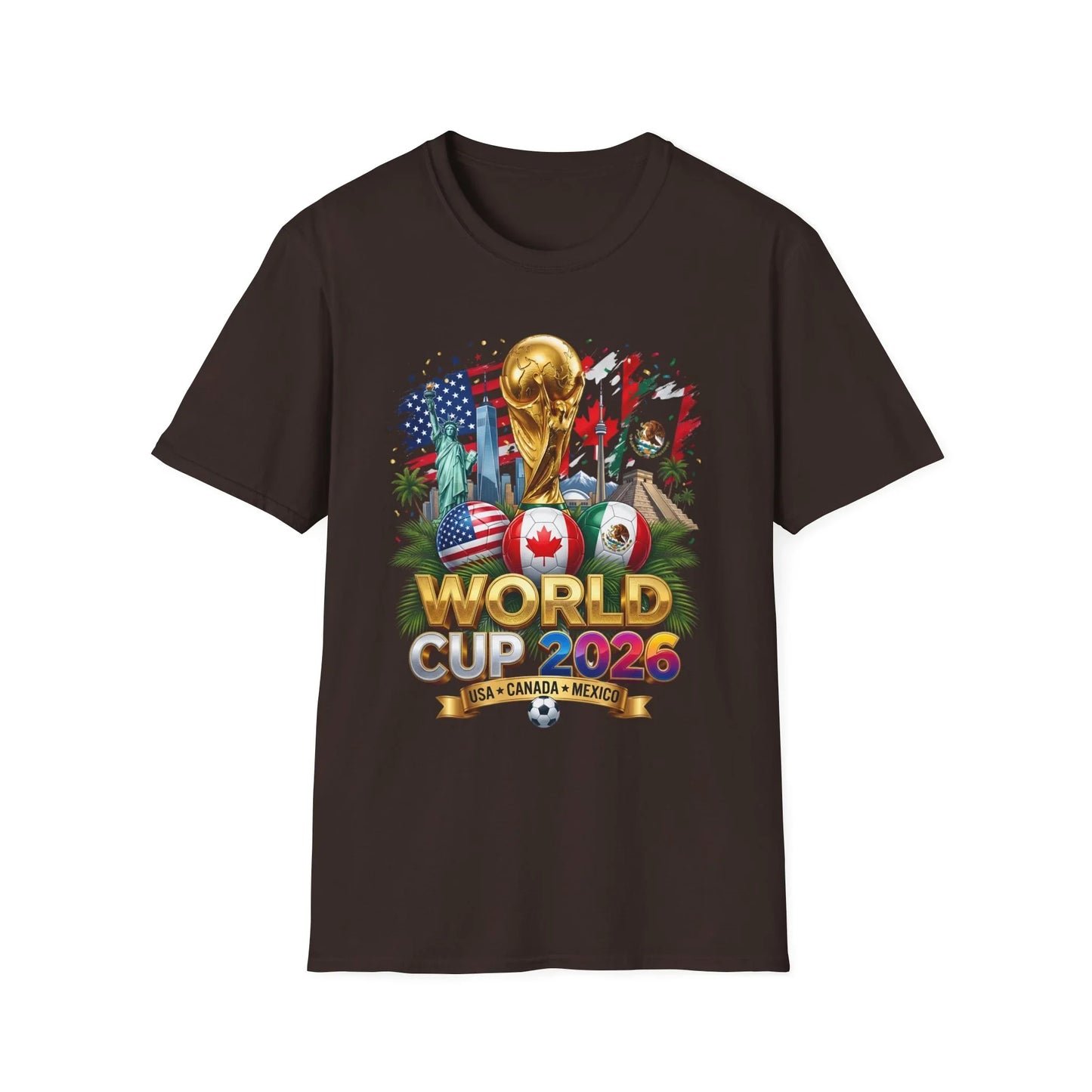World Cup 2026 gold trophy design on a dark brown t-shirt, flat product shot