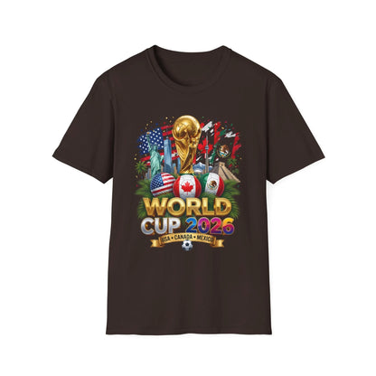World Cup 2026 gold trophy design on a dark brown t-shirt, flat product shot