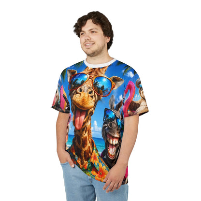 Funny summer animal beach T-shirt featuring giraffe and friends with sunglasses, all over print design by Printify.