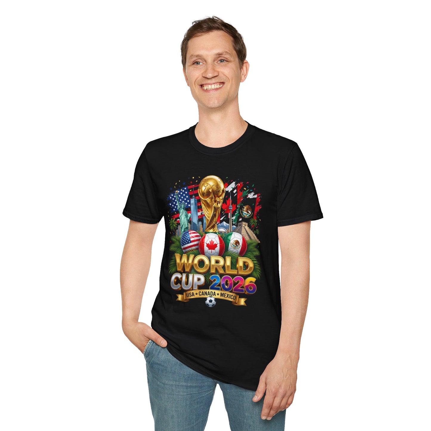 T-Shirt — World Cup 2026 Trophy Design with USA, Canada & Mexico Flags