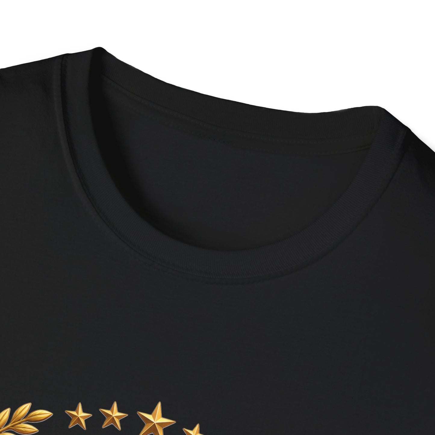 250th Anniversary USA gold eagle crest design on a black t-shirt, close-up of the collar and printed detail
