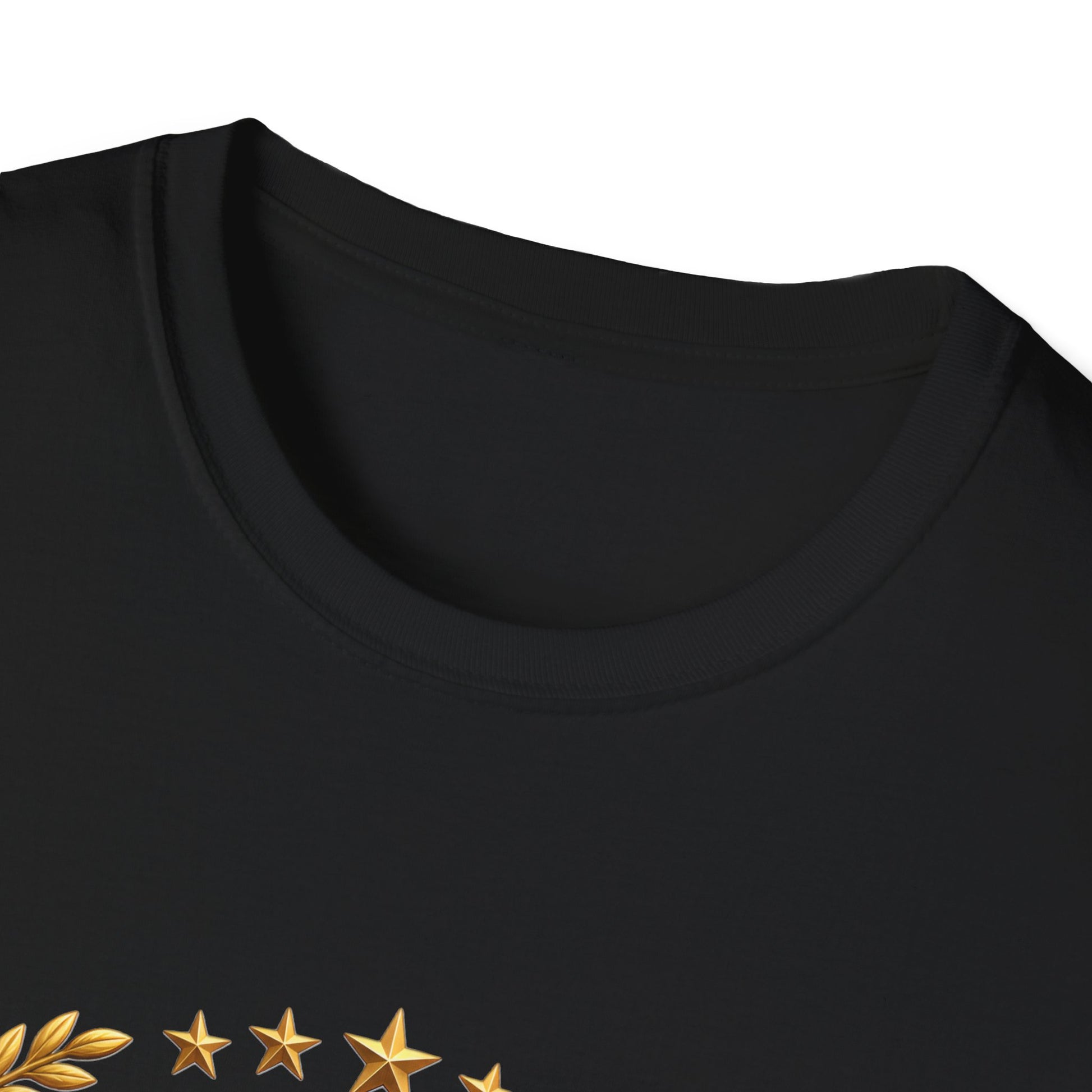 250th Anniversary USA gold eagle crest design on a black t-shirt, close-up of the collar and printed detail