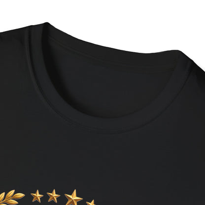 250th Anniversary USA gold eagle crest design on a black t-shirt, close-up of the collar and printed detail