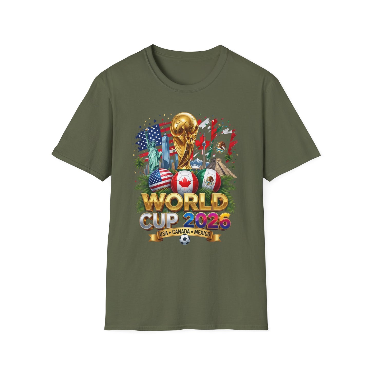 T-Shirt — World Cup 2026 Trophy Design with USA, Canada & Mexico Flags