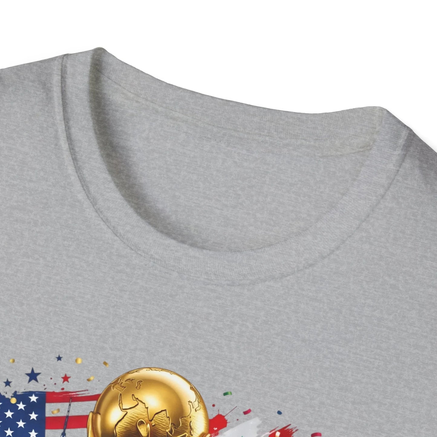 Close-up of the collar and neckline on a heather-gray World Cup 2026 trophy t-shirt