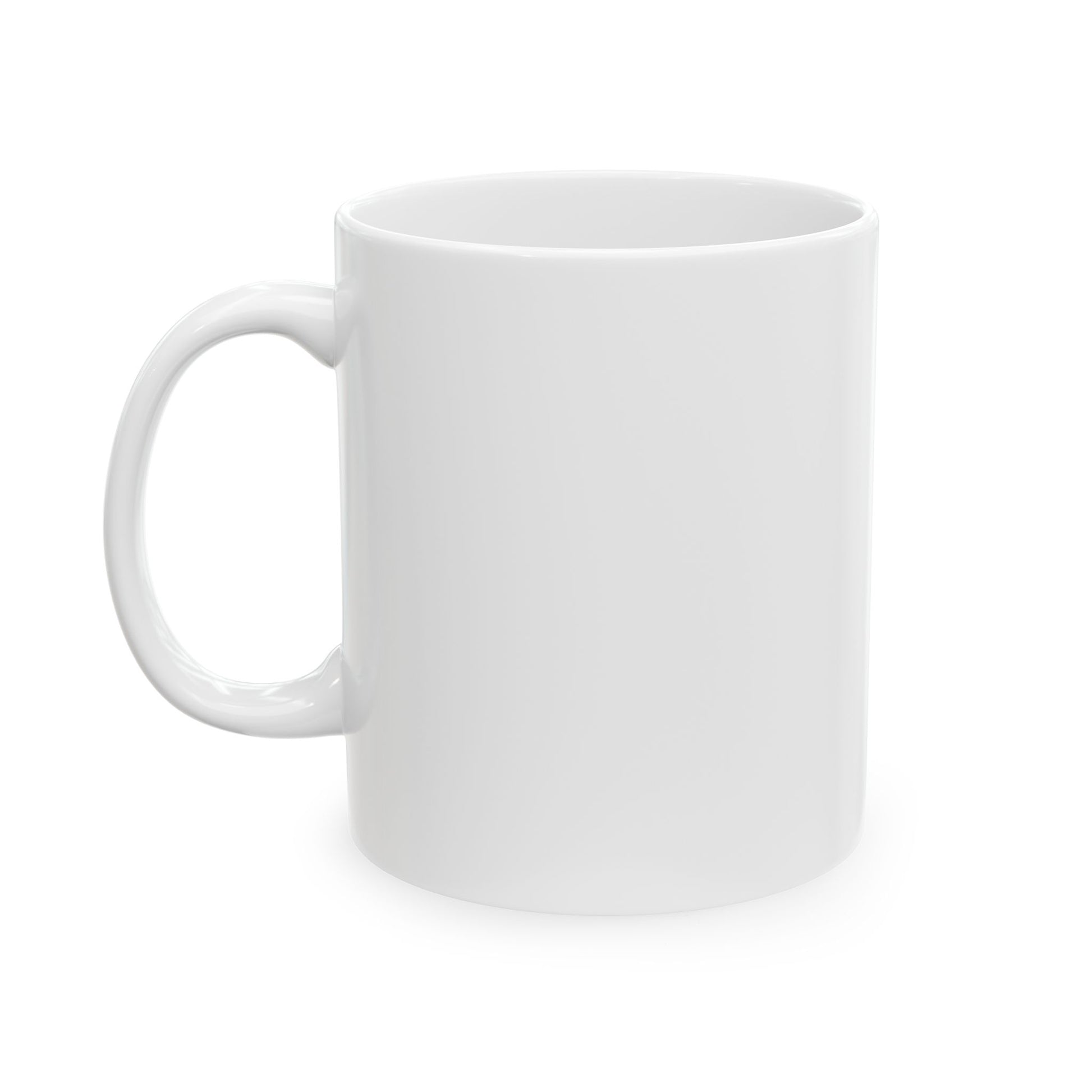 White 11oz ceramic mug with handle on the left, blank side view on a plain white background