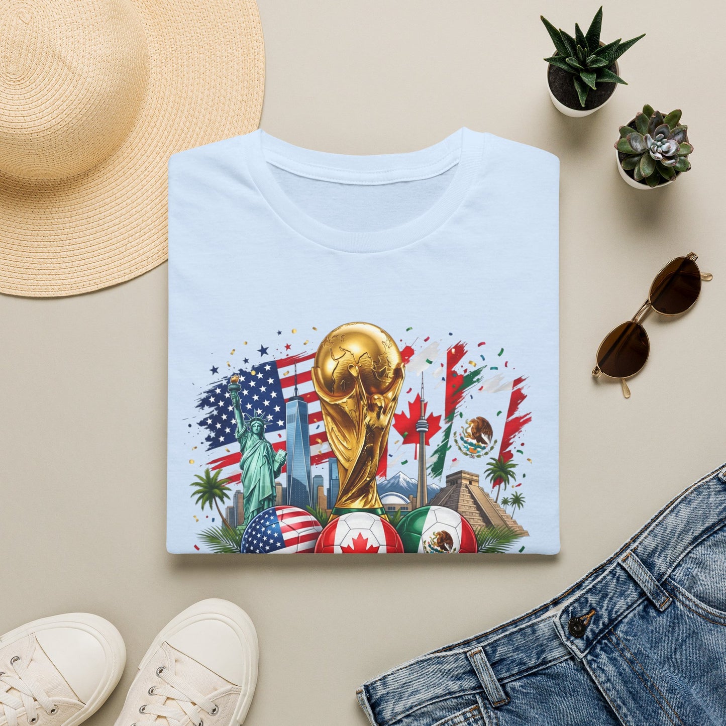 Printify T-shirt featuring the 2026 World Cup trophy design with USA, Canada, and Mexico flags on a white fabric background.