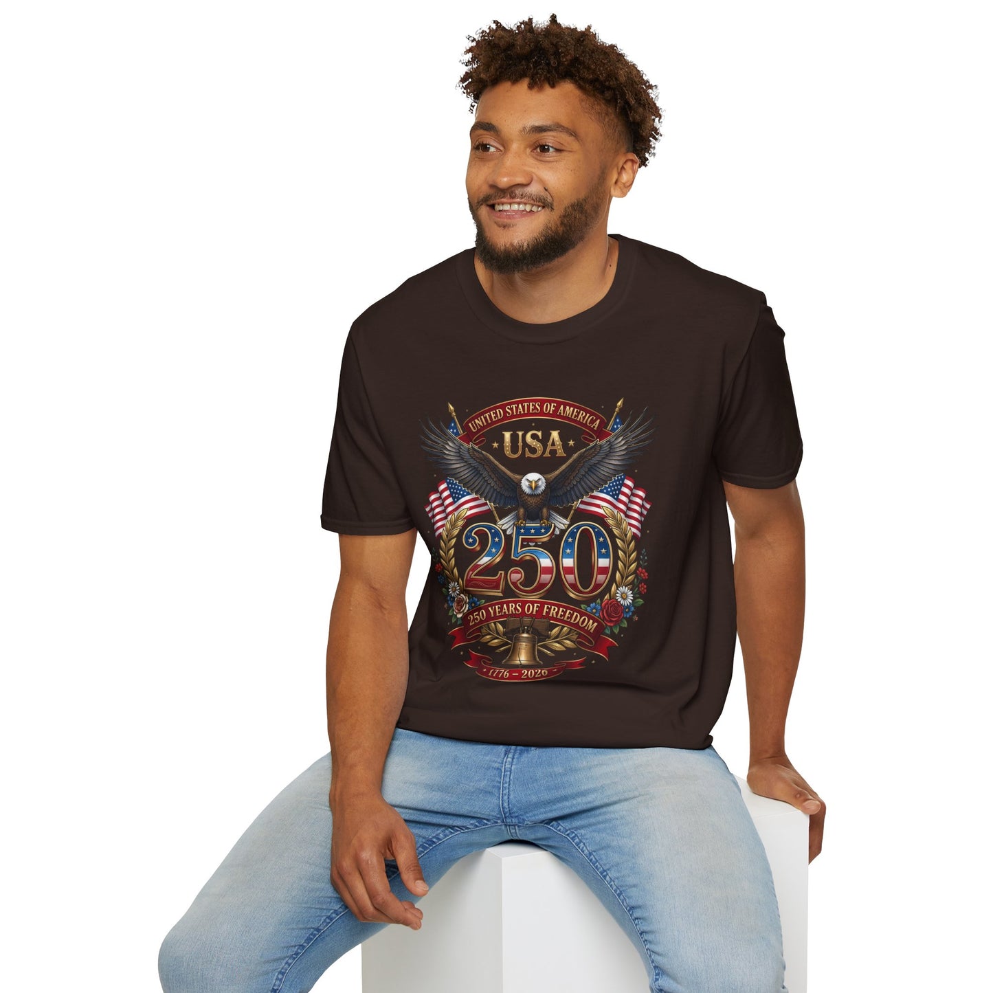 USA Eagle 250th Anniversary T-Shirt featuring patriotic American flag design, ideal for Independence Day celebrations.