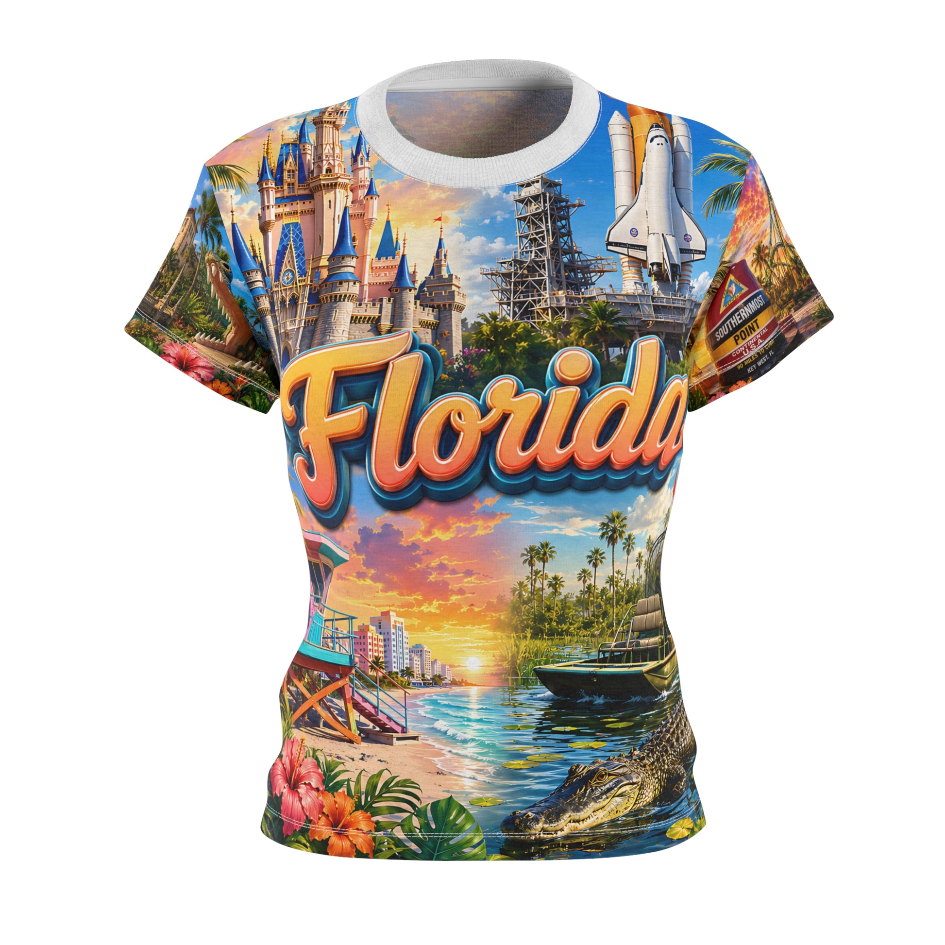 Florida beach-print tee with script logo, invisible-mannequin front view showing castle and palm trees