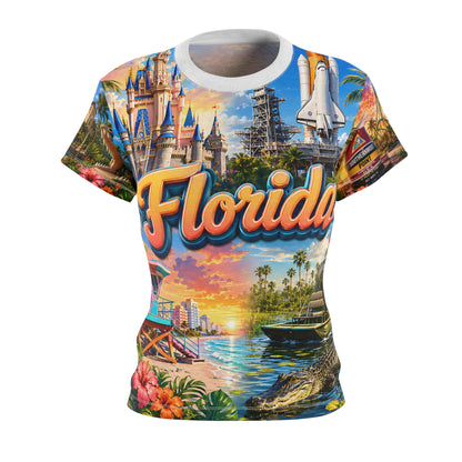 Florida beach-print tee with script logo, invisible-mannequin front view showing castle and palm trees