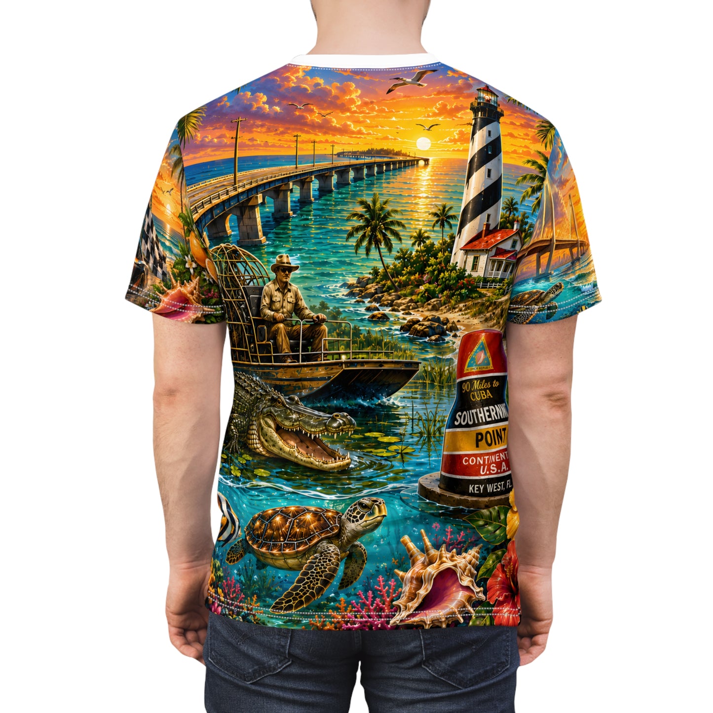 Florida vintage postcard print T-shirt by Printify featuring all-over vacation-themed design and colorful retro imagery.