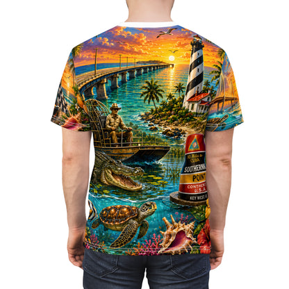 Florida vintage postcard print T-shirt by Printify featuring all-over vacation-themed design and colorful retro imagery.