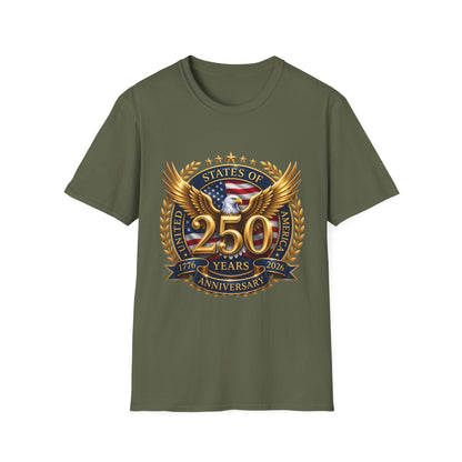 250th Anniversary USA gold eagle crest design on an army-green t-shirt, plain front product shot