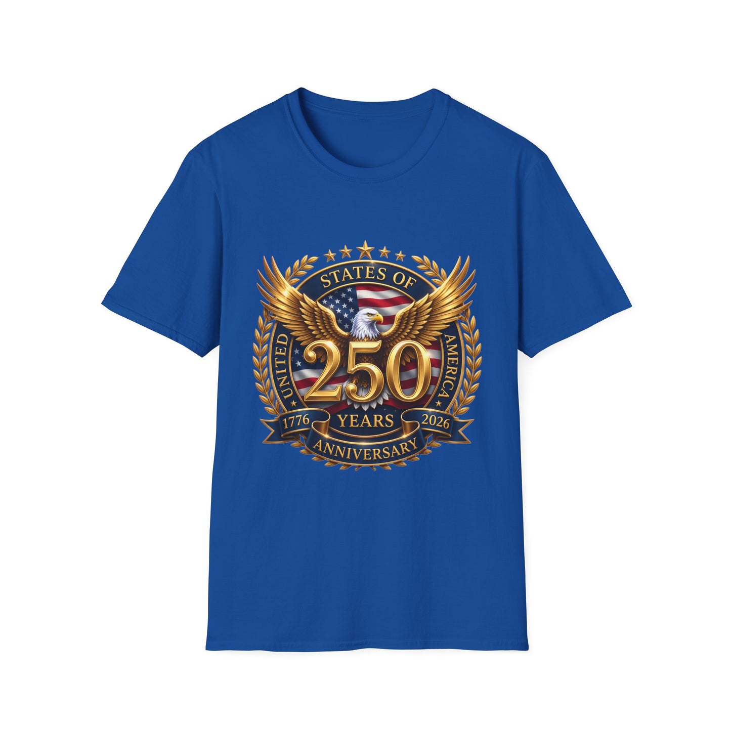 250th Anniversary USA gold eagle crest design on a royal blue t-shirt, plain front product shot