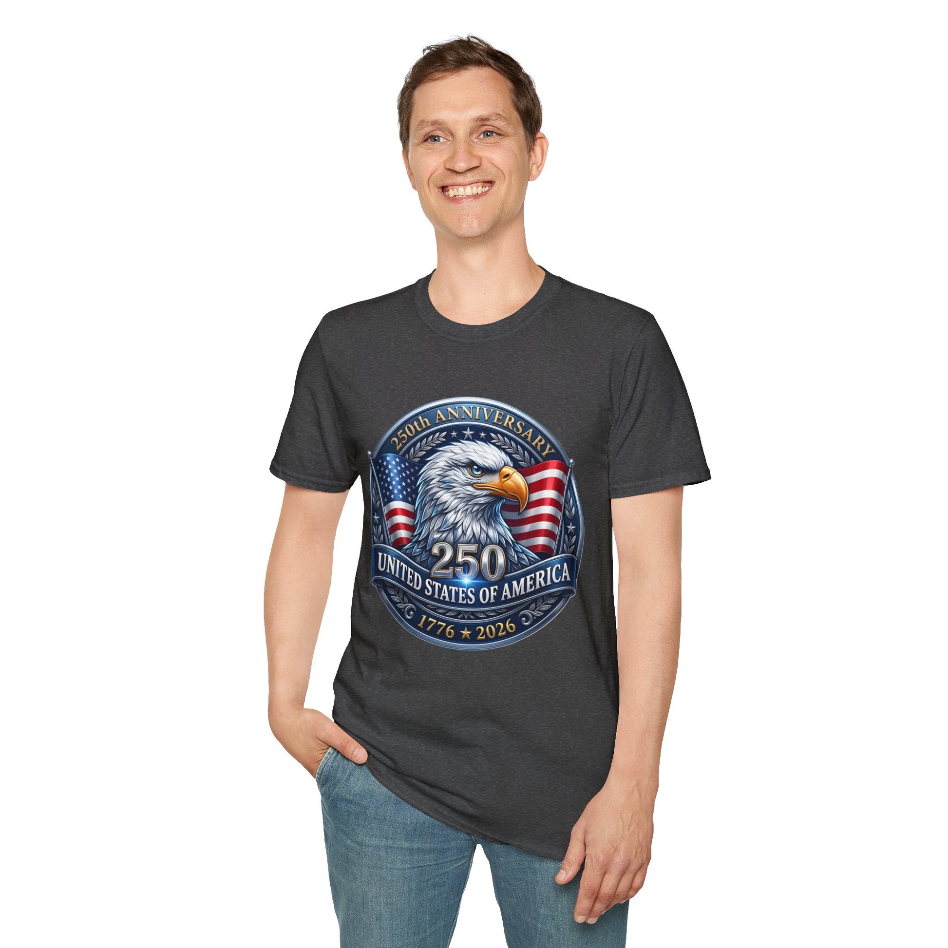250th anniversary USA eagle design on a dark gray t-shirt, worn by a smiling man, front view