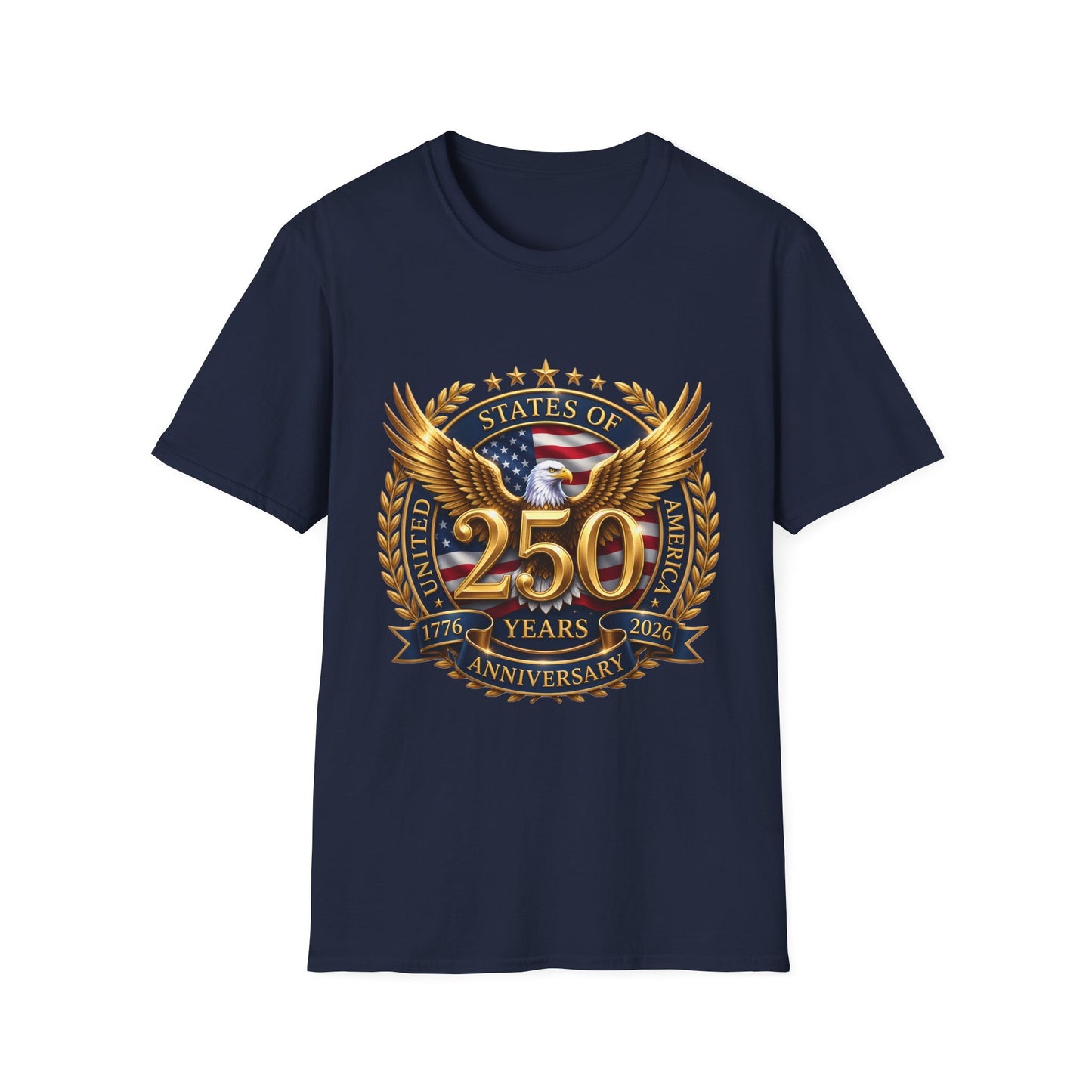 250th Anniversary USA gold eagle crest design on a navy blue t-shirt, plain front product shot