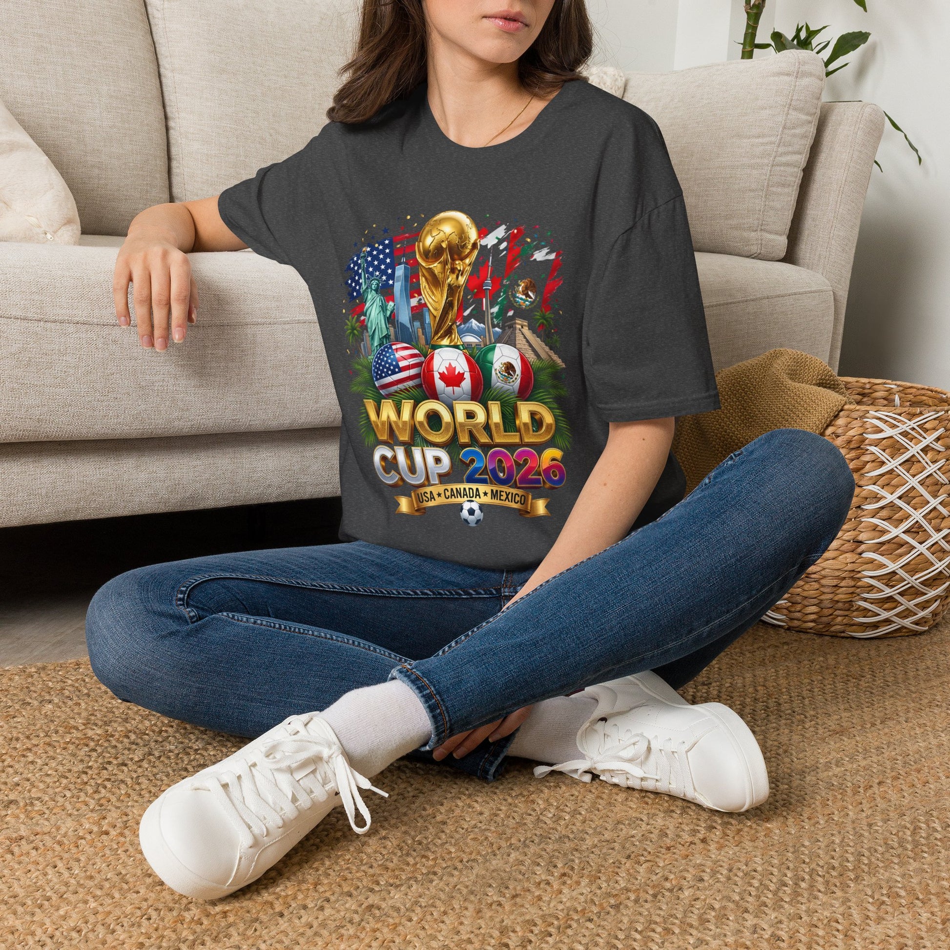 Printify T-shirt featuring the 2026 World Cup Trophy design with USA, Canada, and Mexico flags on the front.