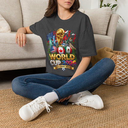 Printify T-shirt featuring the 2026 World Cup Trophy design with USA, Canada, and Mexico flags on the front.