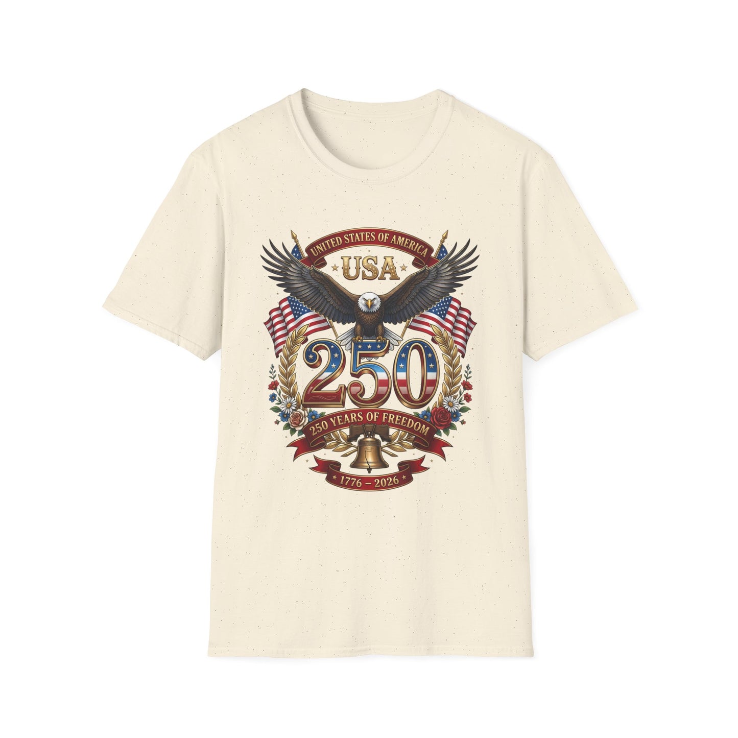 Patriotic eagle 250 anniversary design on a cream natural t-shirt, plain front product shot