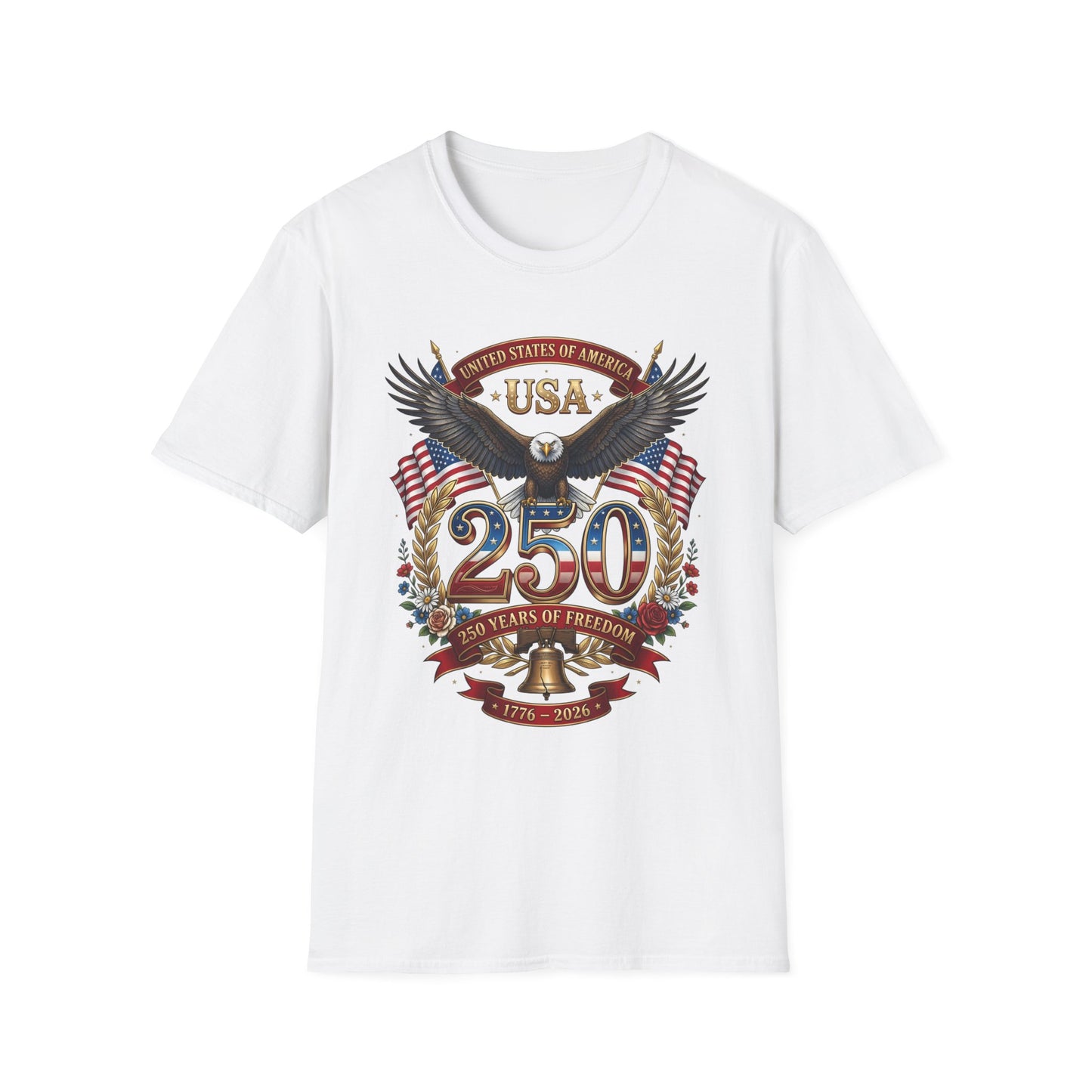 Close-up of the USA eagle and American flag 250 anniversary print on a white t-shirt