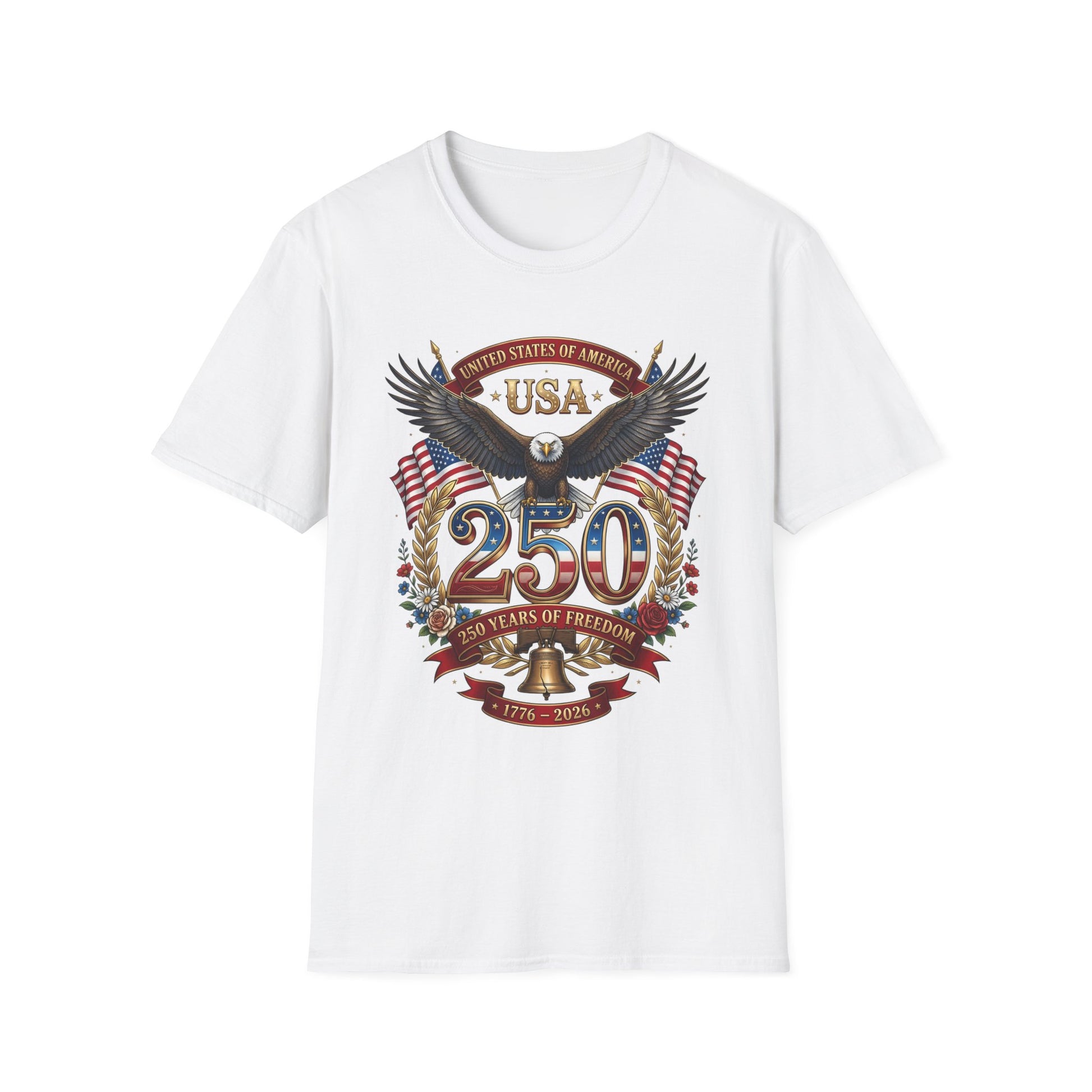 Close-up of the USA eagle and American flag 250 anniversary print on a white t-shirt