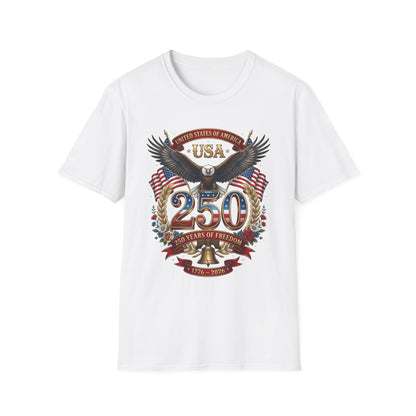 Close-up of the USA eagle and American flag 250 anniversary print on a white t-shirt