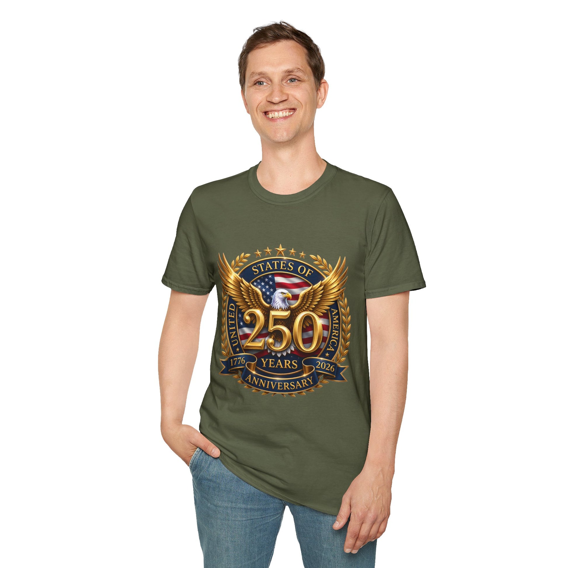 250th Anniversary USA gold eagle crest design on an army-green t-shirt, worn by a man standing