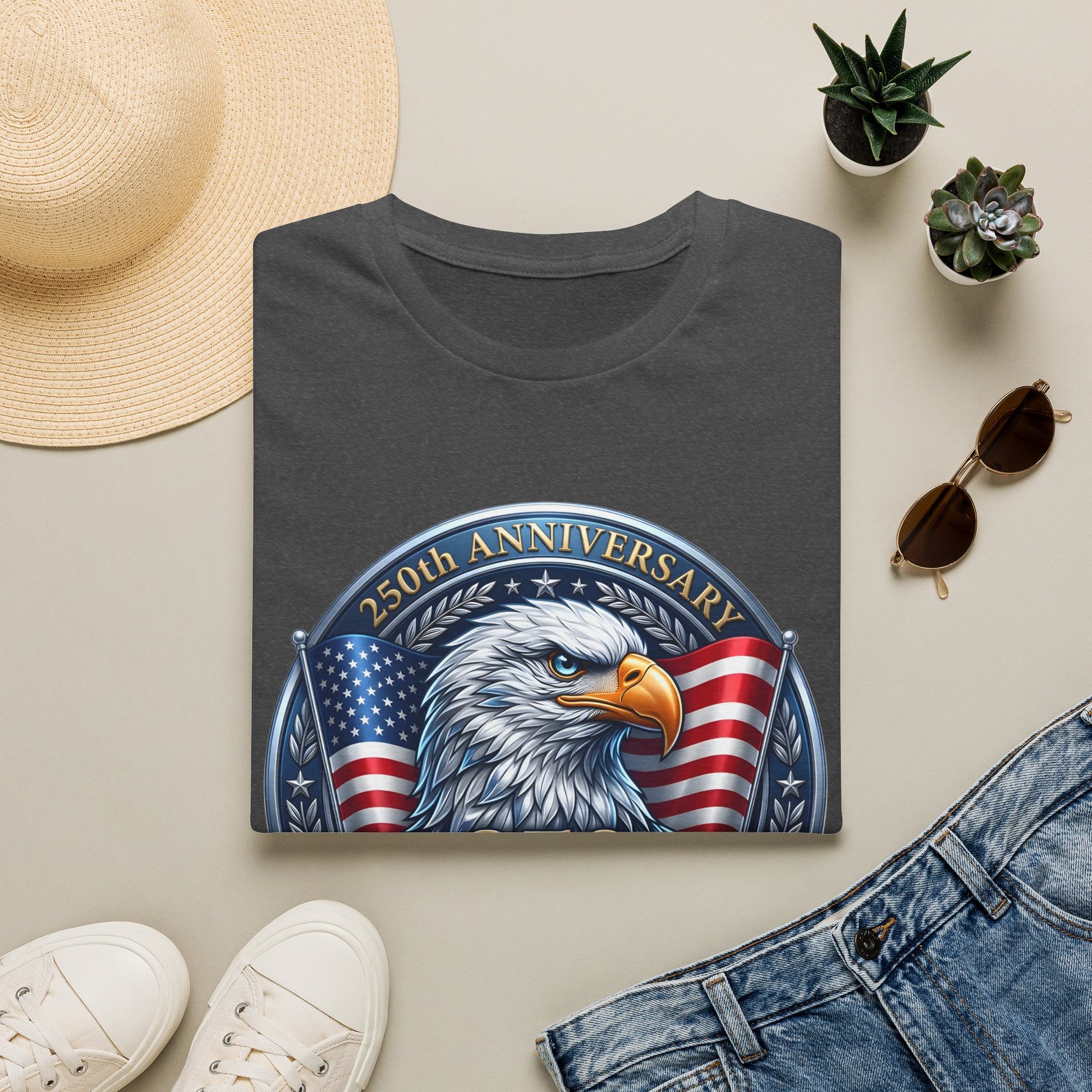 250th anniversary eagle t-shirt in dark gray, folded flat lay with a sun hat, sunglasses and plants