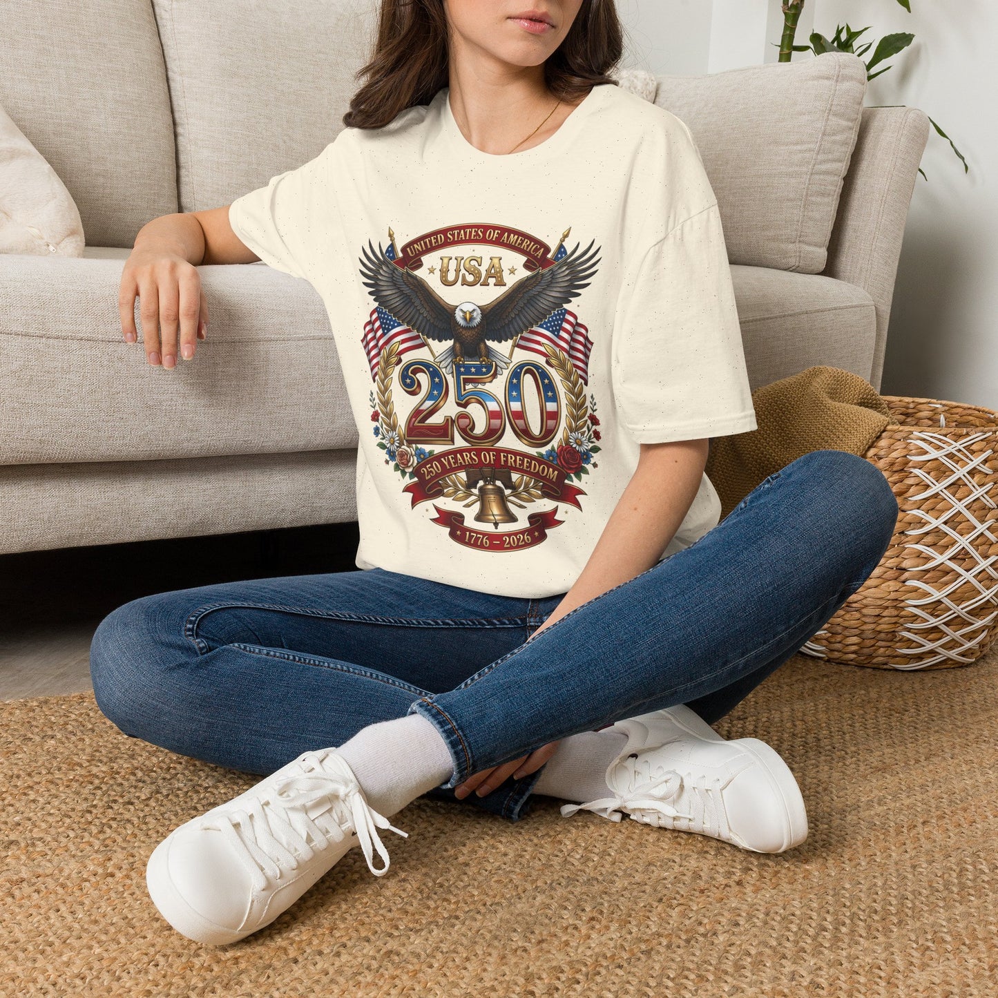 USA Eagle 250th Anniversary T-shirt featuring patriotic American flag design, symbolizing American pride and independence.