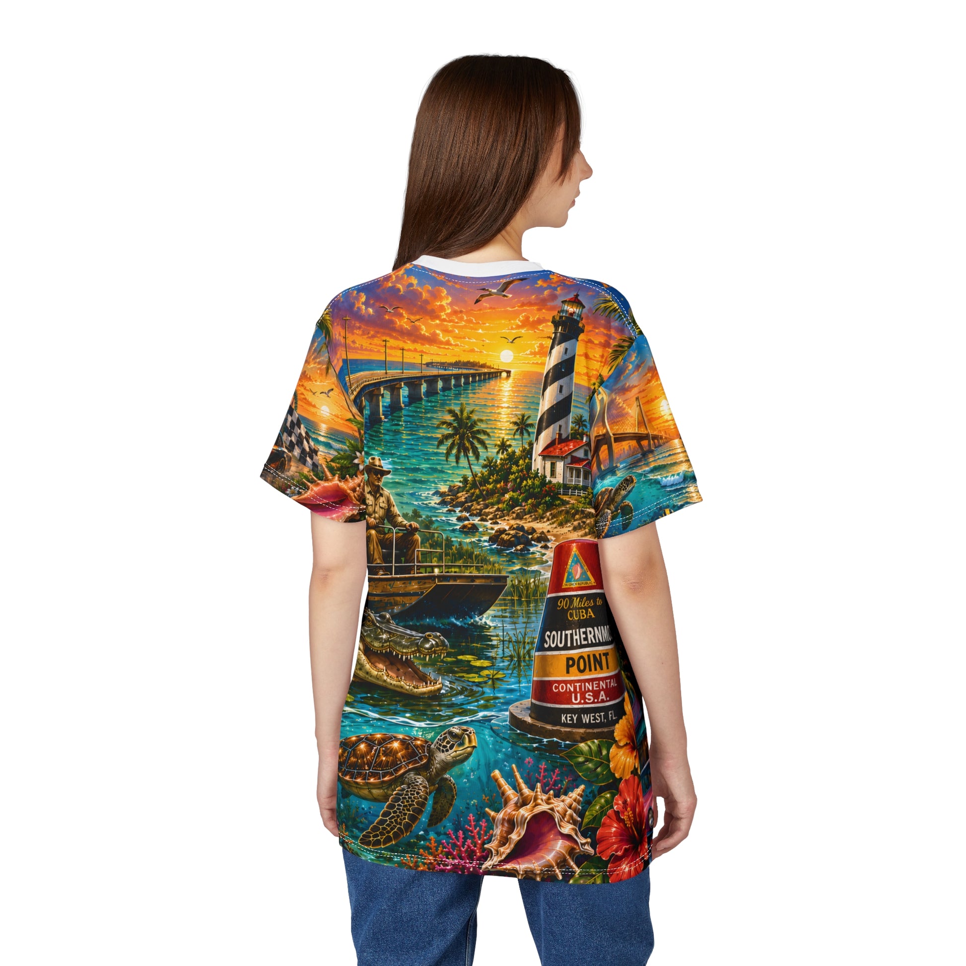 Florida vintage postcard print t-shirt by Printify featuring all-over tropical vacation-themed design on a comfortable casual tee.