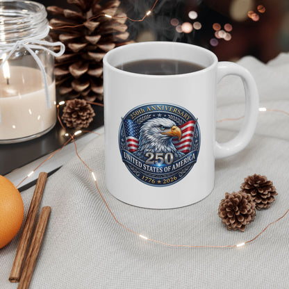 White bald eagle American flag mug filled with coffee in a cozy setting with a candle, pinecones and fairy lights