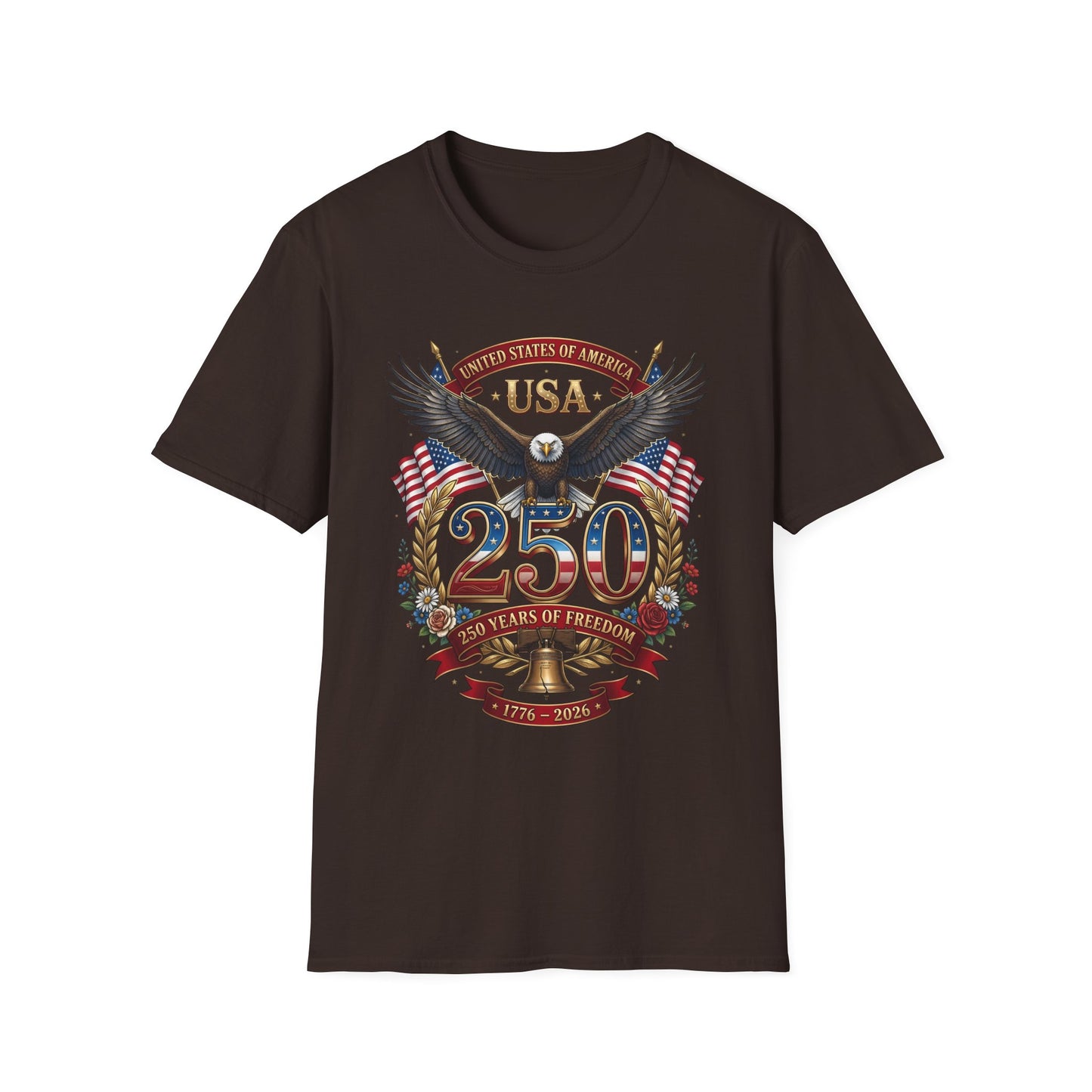 USA eagle 250 anniversary design on a dark brown t-shirt, plain front product shot