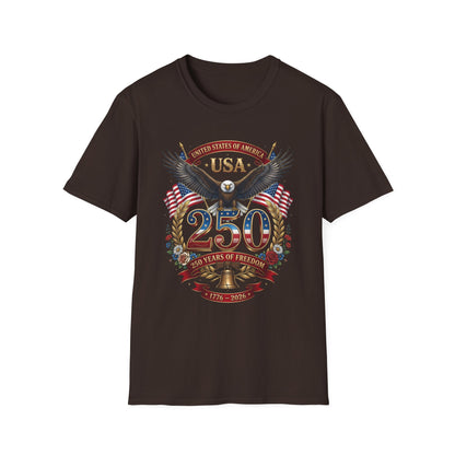 USA eagle 250 anniversary design on a dark brown t-shirt, plain front product shot