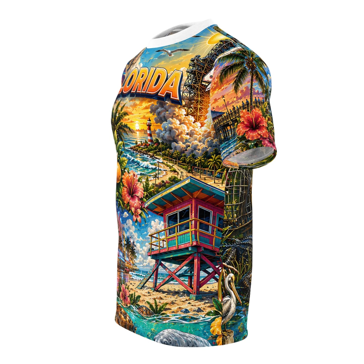 Florida beach and orange-grove print t-shirt, angled front-side product shot on white